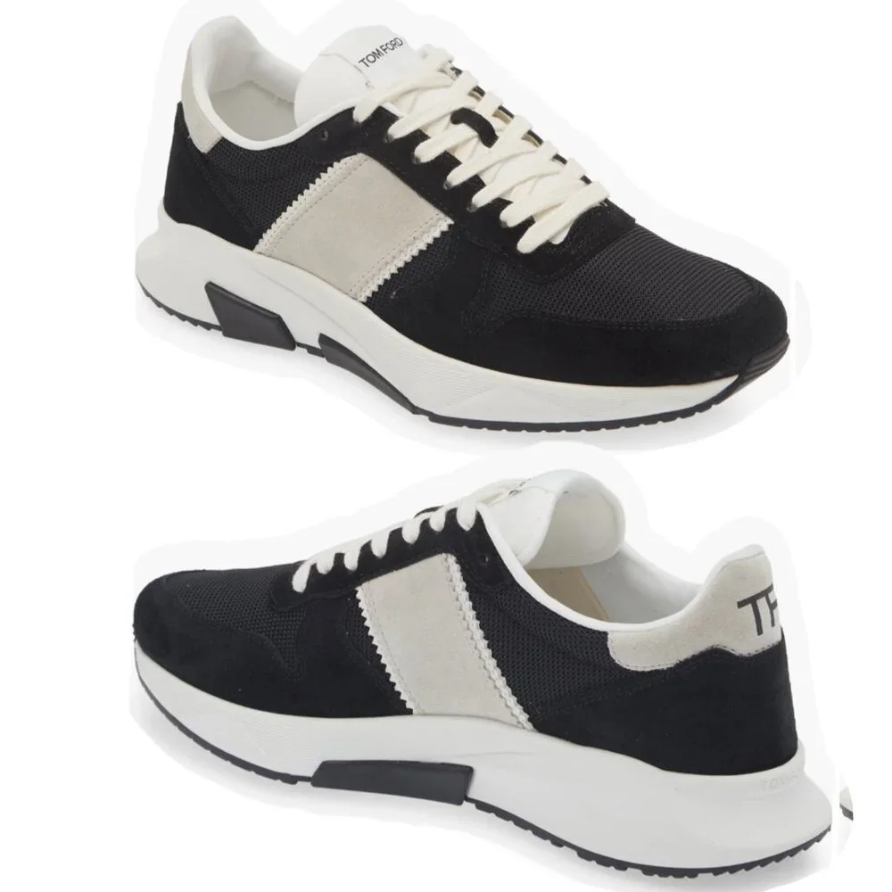 Tom Ford Technical Sneakers Black White Leather Lace-Up Men Shoes Size 10
